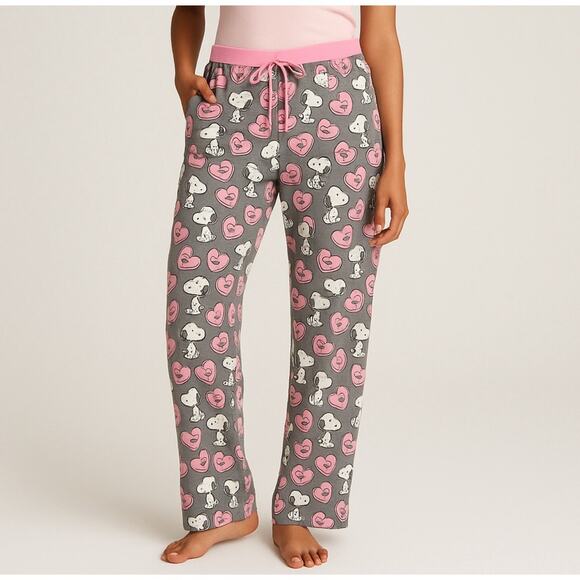 Peanuts Snoopy Women’s Pajama Pants XL Gray Pink Hearts Lounge Sleepwear NWT - Picture 1 of 11